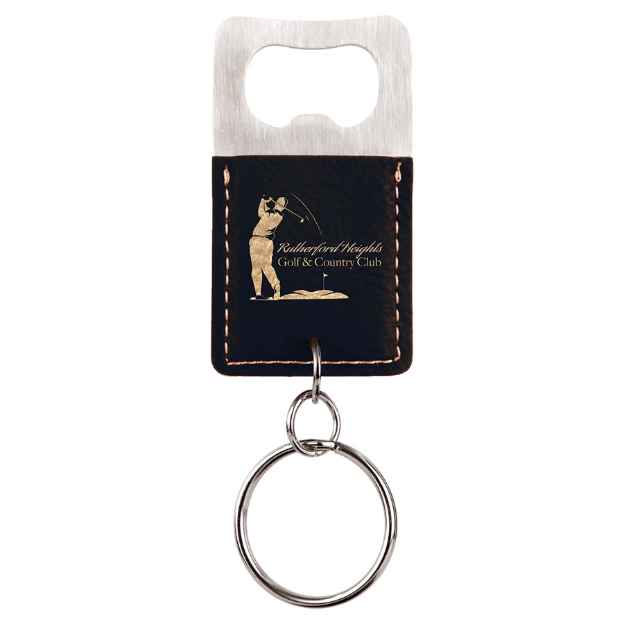 Black and gold leatherette bottle opener keychain laser engraved with a sample business logo