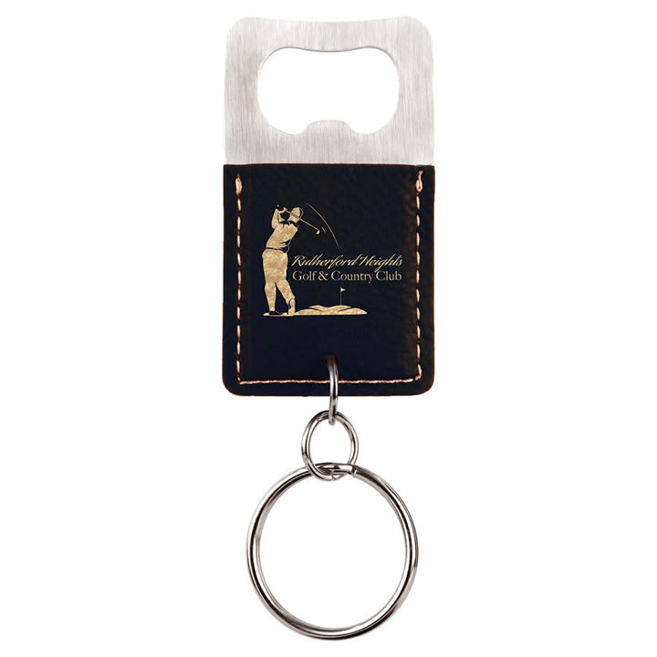 Black and gold leatherette bottle opener keychain laser engraved with a sample business logo