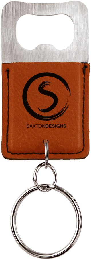 Rawhide leatherette bottle opener keychain laser engraved with a sample business logo