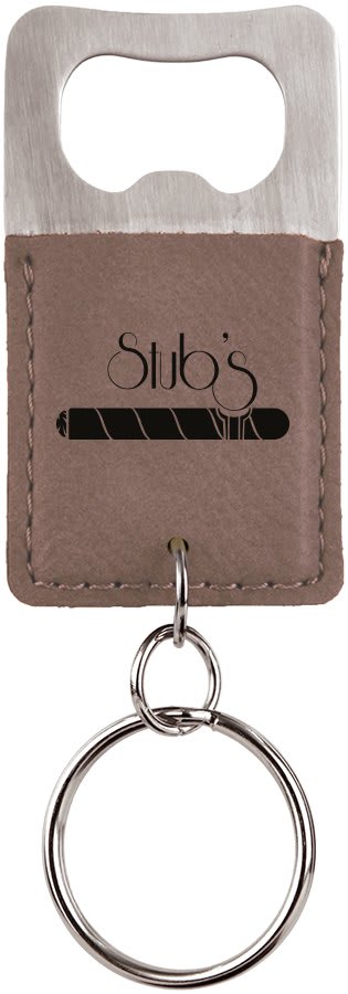 Gray leatherette bottle opener keychain laser engraved with a sample business logo
