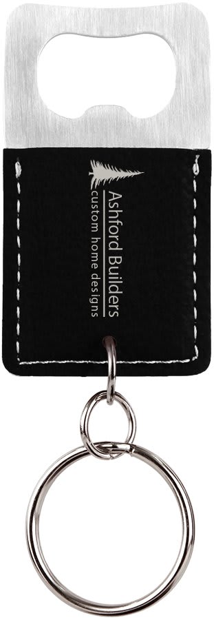 Black and silver leatherette bottle opener keychain laser engraved with a sample business logo