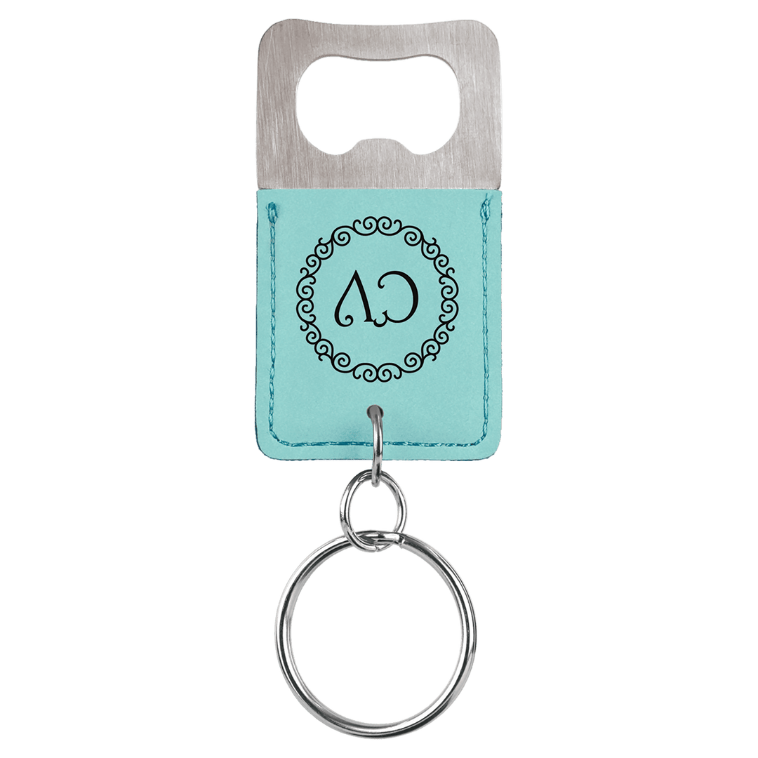 Teal leatherette bottle opener keychain laser engraved with a sample business logo