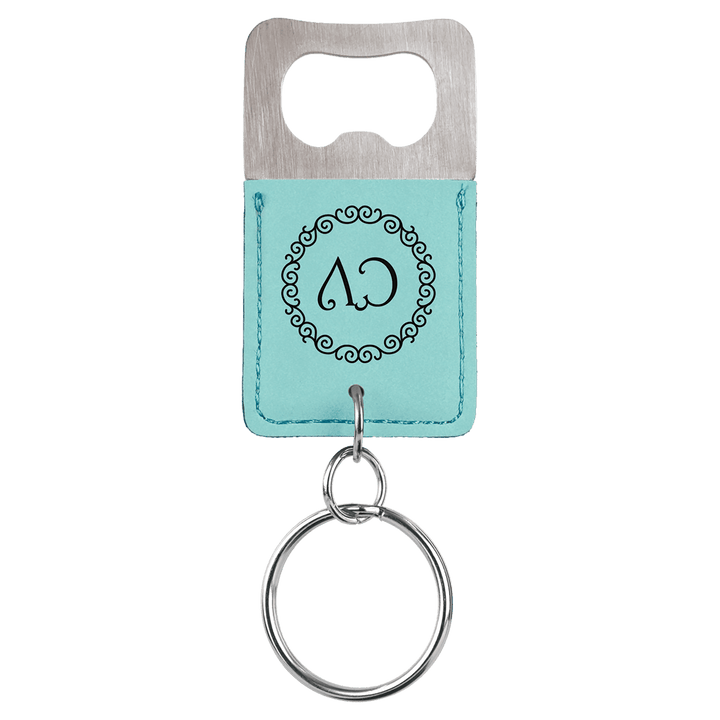 Teal leatherette bottle opener keychain laser engraved with a sample business logo