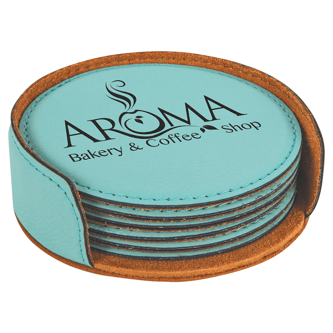 Engraved Leatherette Coasters with Logo in Round / Teal
