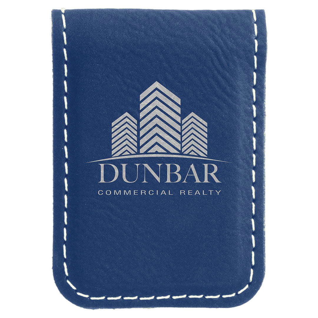 Blue/Silver 1 3/4" x 2 1/2" Laserable Leatherette Money Clip