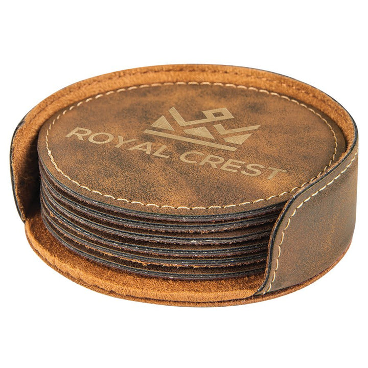 Engraved Leatherette Coasters with Logo in Round / Rustic/Gold