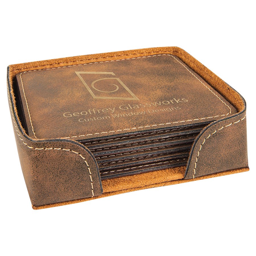 Engraved Leatherette Coasters with Logo in Square / Rustic/Gold