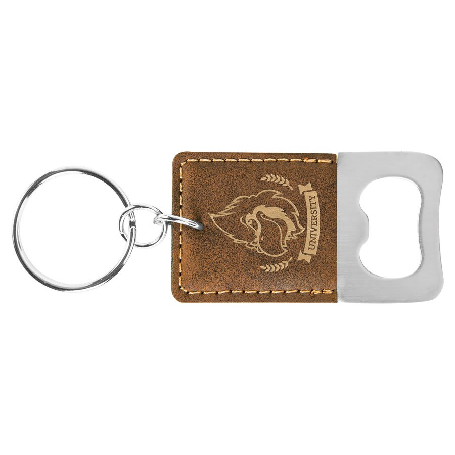 Rustic and gold leatherette bottle opener keychain laser engraved with a sample business logo