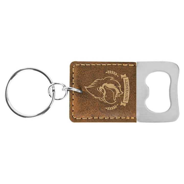 Rustic and gold leatherette bottle opener keychain laser engraved with a sample business logo