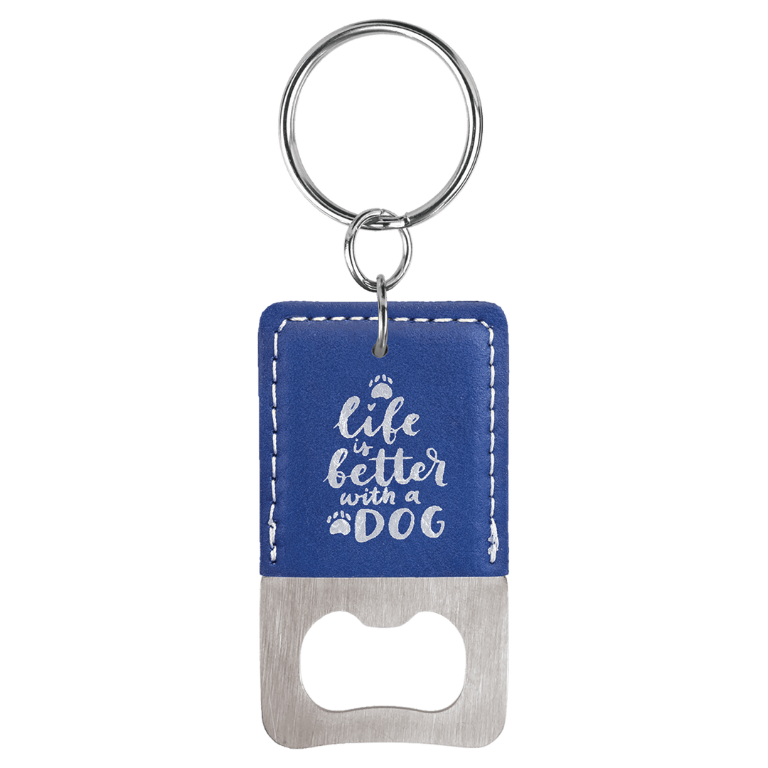 Blue and silver leatherette bottle opener keychain laser engraved with a sample business logo