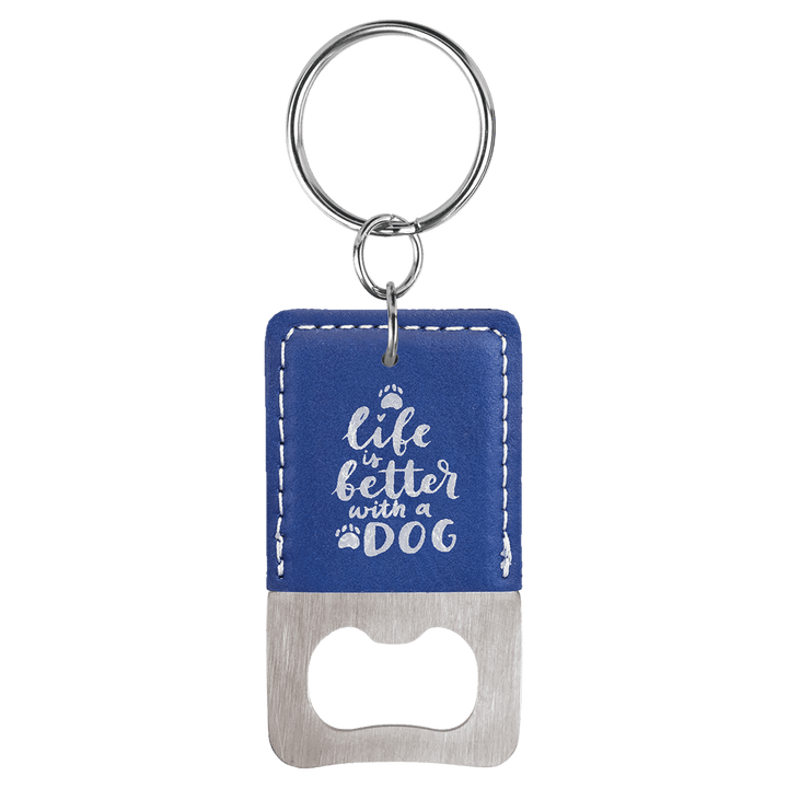 Blue and silver leatherette bottle opener keychain laser engraved with a sample business logo