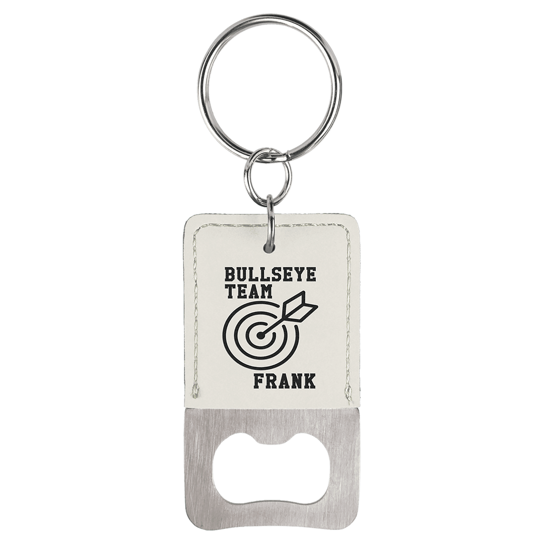 White leatherette bottle opener keychain laser engraved with a sample business logo