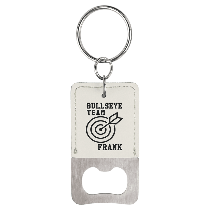 White leatherette bottle opener keychain laser engraved with a sample business logo