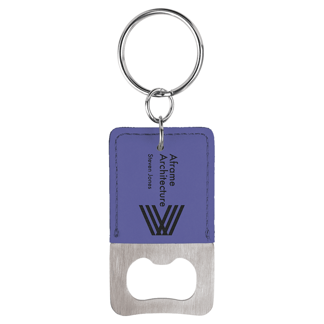 Purple leatherette bottle opener keychain laser engraved with a sample business logo