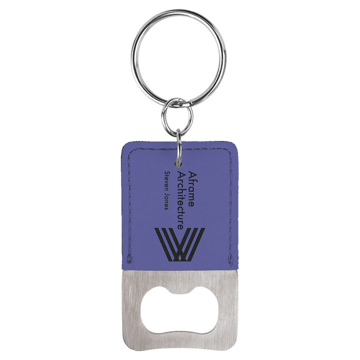 Purple leatherette bottle opener keychain laser engraved with a sample business logo