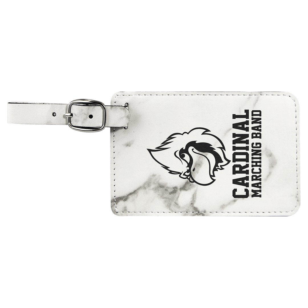 White luggage tag with black cardinal mascot and "CARDINAL MARCHING BAND" text, featuring silver buckle attachment.