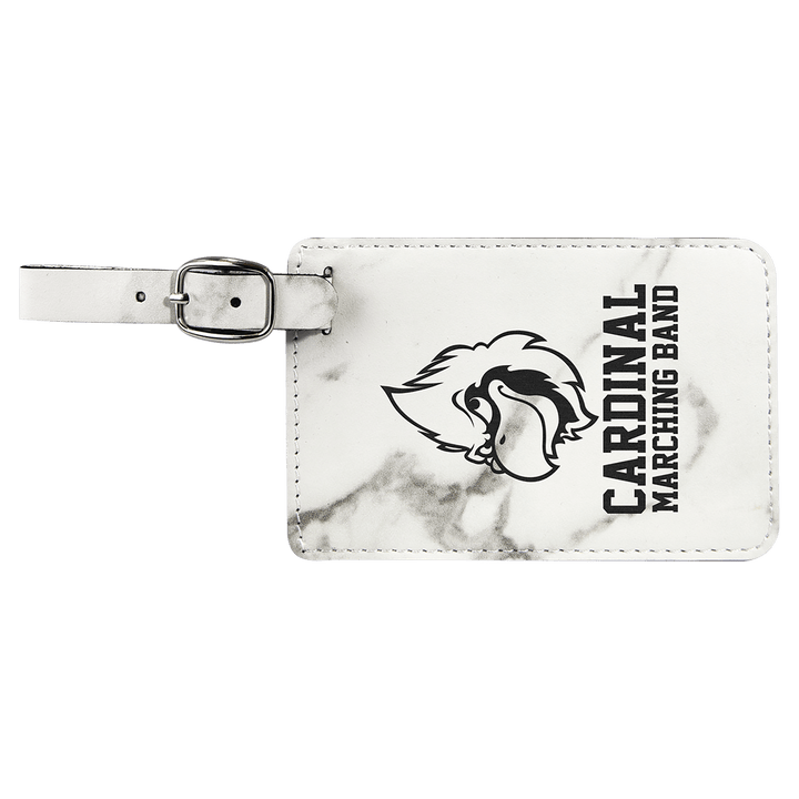 White luggage tag with black cardinal mascot and "CARDINAL MARCHING BAND" text, featuring silver buckle attachment.