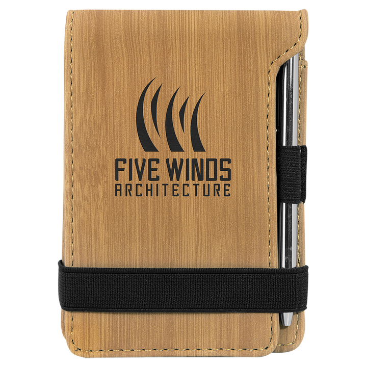 3 1/4" x 4 3/4" Bamboo Laserable Leatherette Mini Notepad with Pen