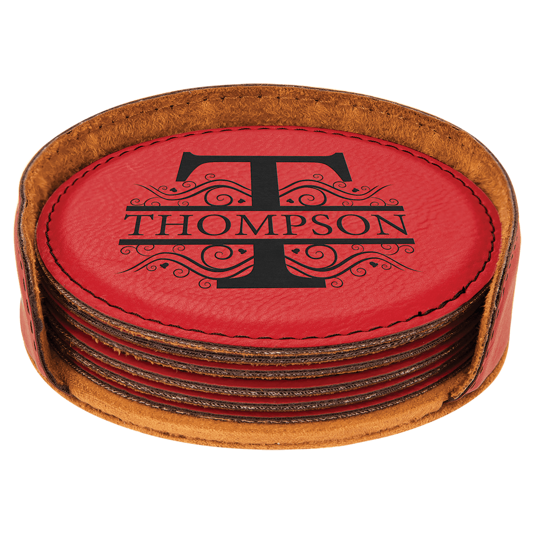 Engraved Leatherette Coasters with Logo in Round / Red