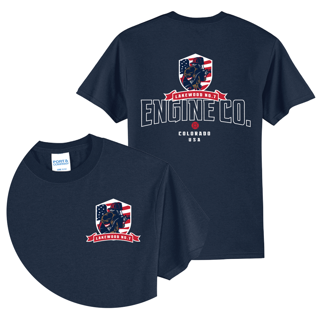 Navy t-shirt with fire engine shield logo and Engine Co. text in white and red, Colorado location marked below design.