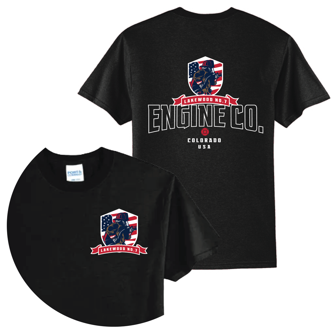 Black t-shirt with fire engine shield logo and "Engine Co." text, Colorado fire department design on front and back.