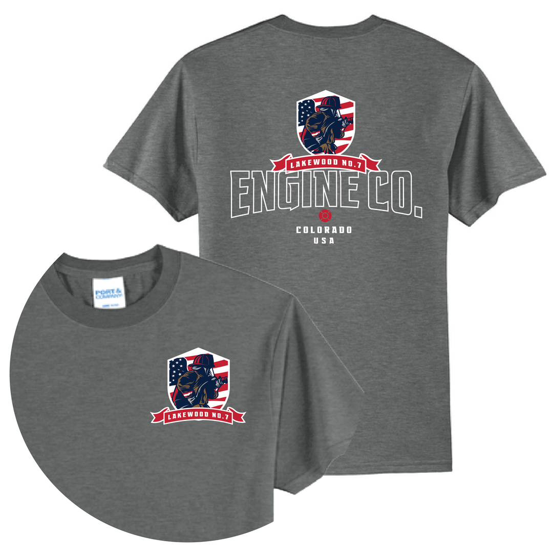 Charcoal gray t-shirt featuring a patriotic shield logo with American flag design and "Engine Co." text, shown front and back views.