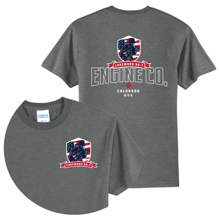 Charcoal gray t-shirt featuring a patriotic shield logo with American flag design and "Engine Co." text, shown front and back views.