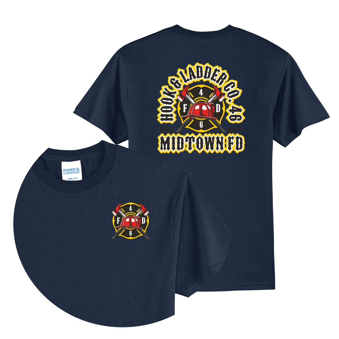 Navy t-shirt with yellow "Hook & Ladder" text and fire department emblem on chest and back.