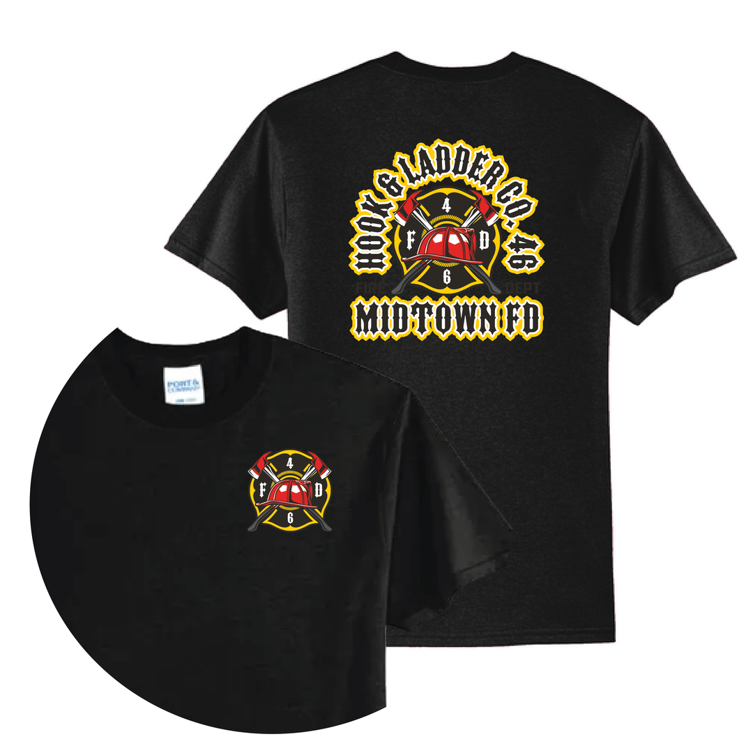 Black t-shirt with yellow and red Hook &amp; Ladder fire department logo and "Midtown FD" text on front and back.