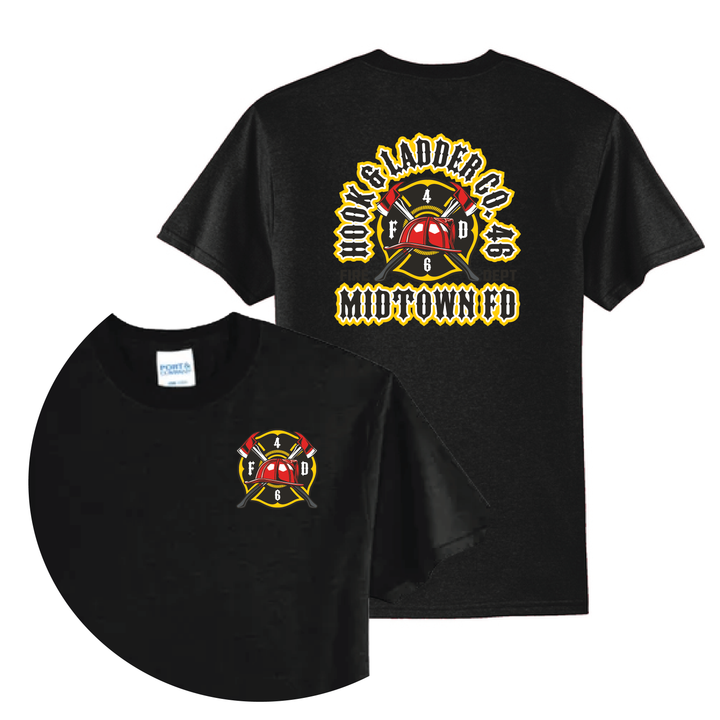 Black t-shirt with yellow and red Hook &amp; Ladder fire department logo and "Midtown FD" text on front and back.