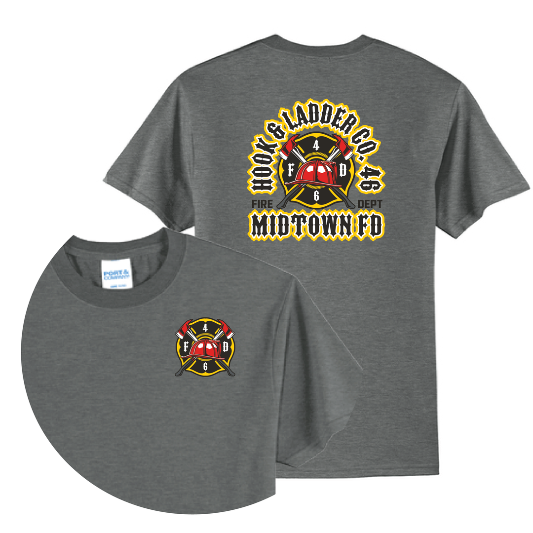 Charcoal gray t-shirt with fire department logo on chest and full "Hook &amp; Ladder Co. Midtown FD" emblem on back.