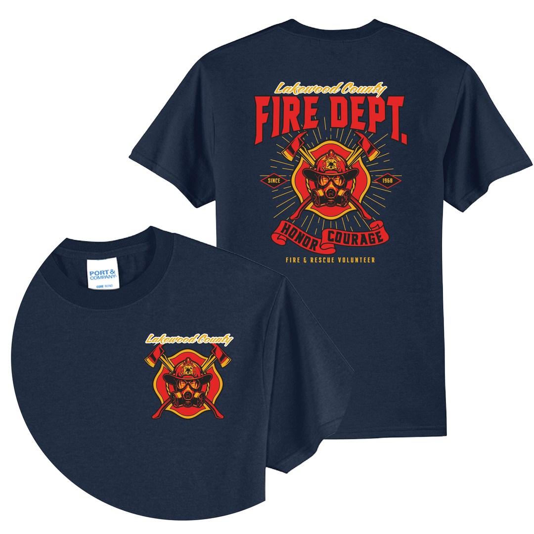 Navy t-shirt with red and gold fire department maltese cross logo and "Fire Dept" text on front and back.