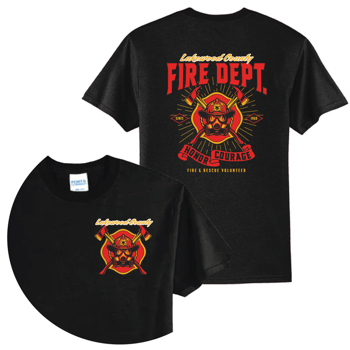 Black t-shirt with red and gold fire department logo, axes, and "Fire Dept" text on front and back.