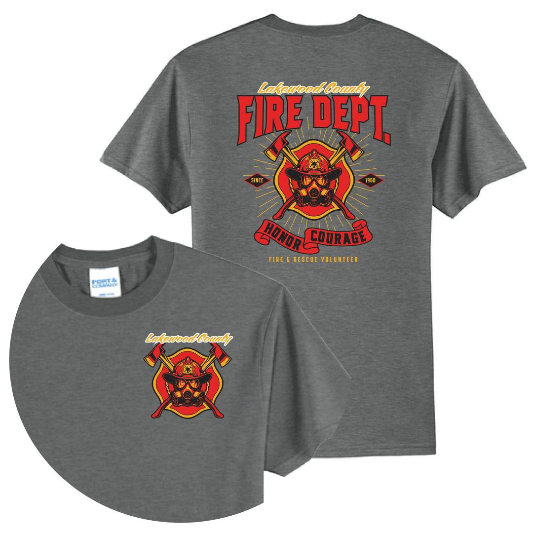 Charcoal gray t-shirt featuring red and yellow Fire Dept logo with crossed axes and shield emblem on front and back.