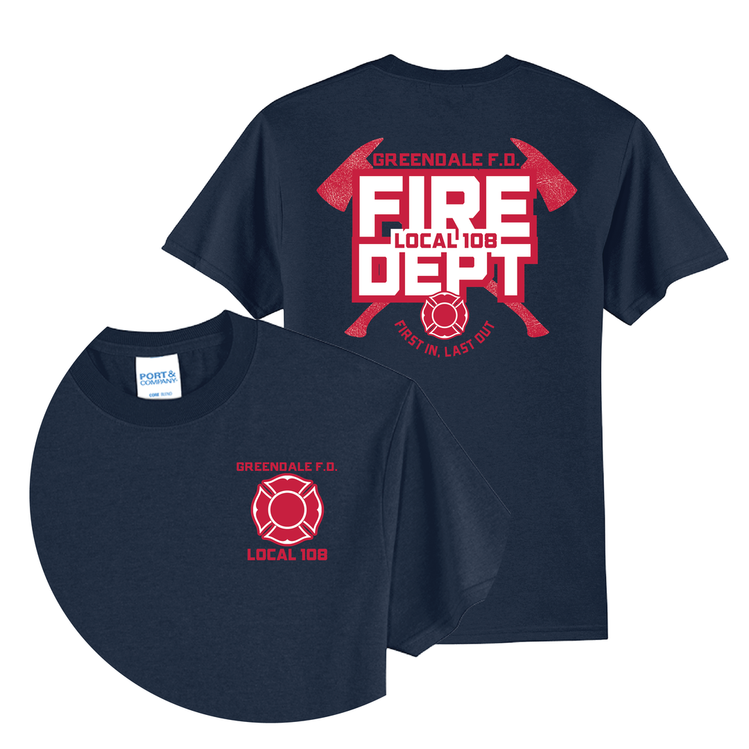 Navy blue t-shirt with red Fire Department Local Union design on front and back with firefighter maltese cross logo