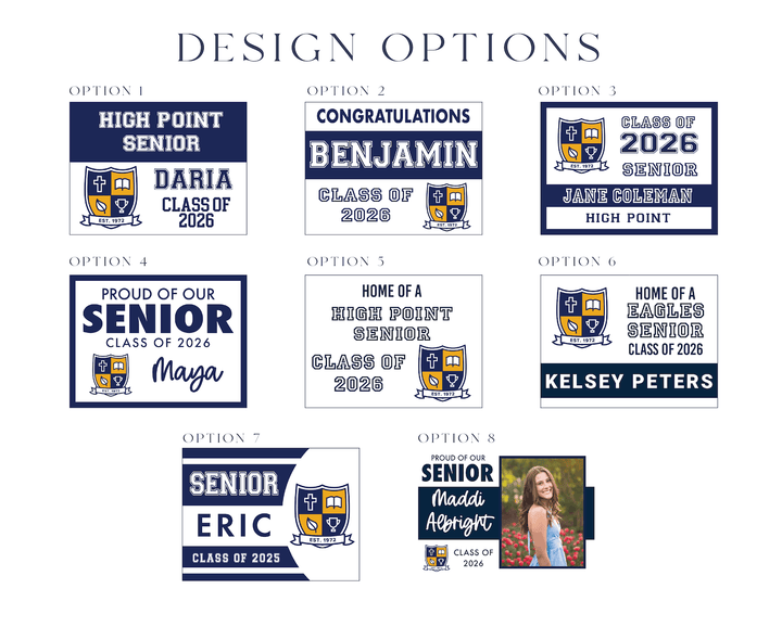 Multiple navy and gold class of 2026 senior yard sign design options featuring school logos, personalized names, and customizable text layouts.