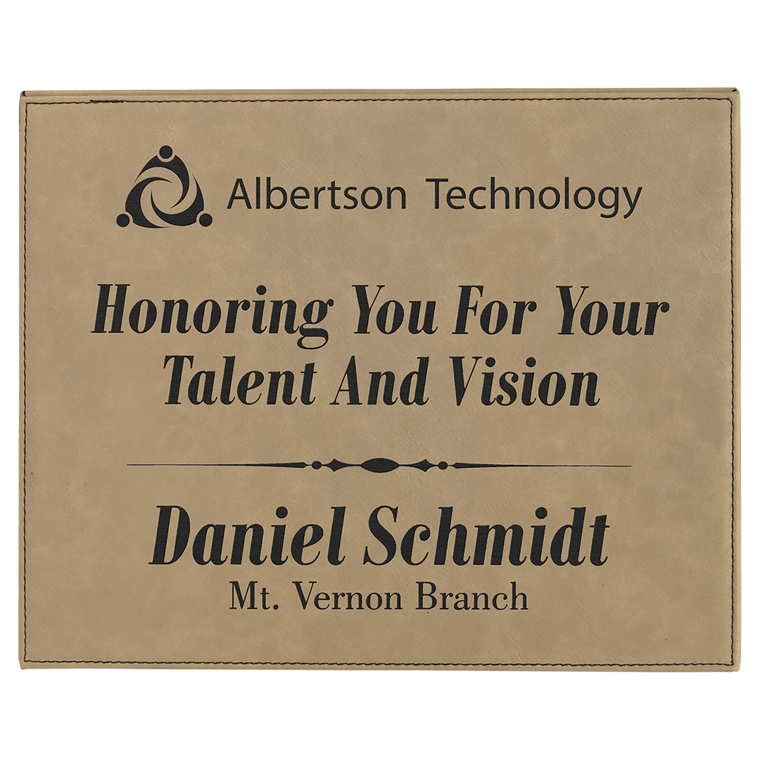 Engraved Leatherette Plaque in 10 1/2" x 13" / Light Brown
