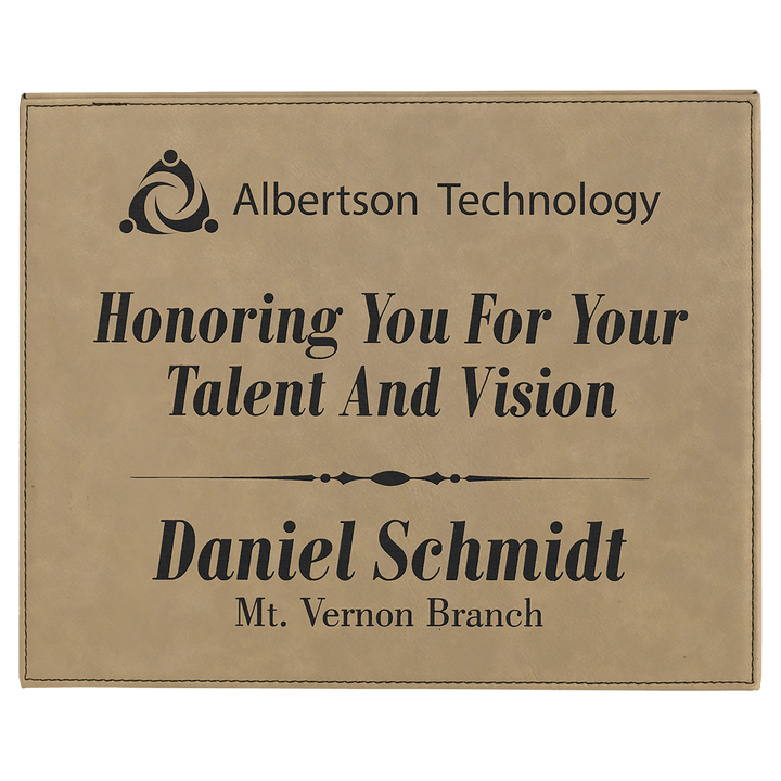 Engraved Leatherette Plaque in 10 1/2" x 13" / Light Brown