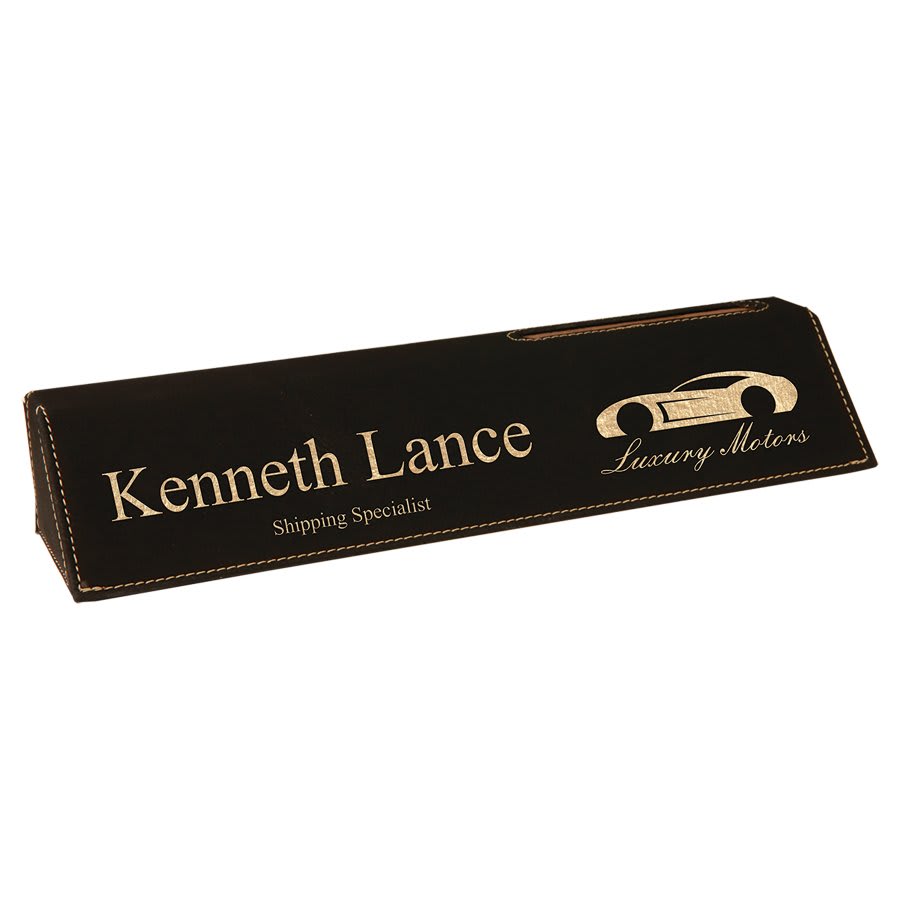Engraved Desk Name Plate in 10 1/2" with Card Holder / Black/Gold