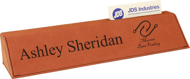 Engraved Desk Name Plate in 10 1/2" with Card Holder / Rawhide