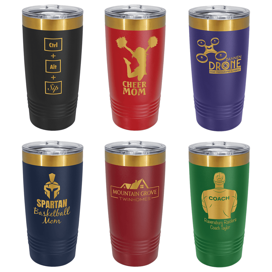 Gold-rim tumblers in black, red, purple, navy, maroon and green with sample engraved logos