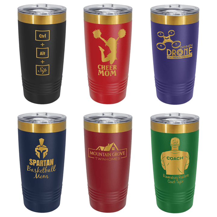 Gold-rim tumblers in black, red, purple, navy, maroon and green with sample engraved logos