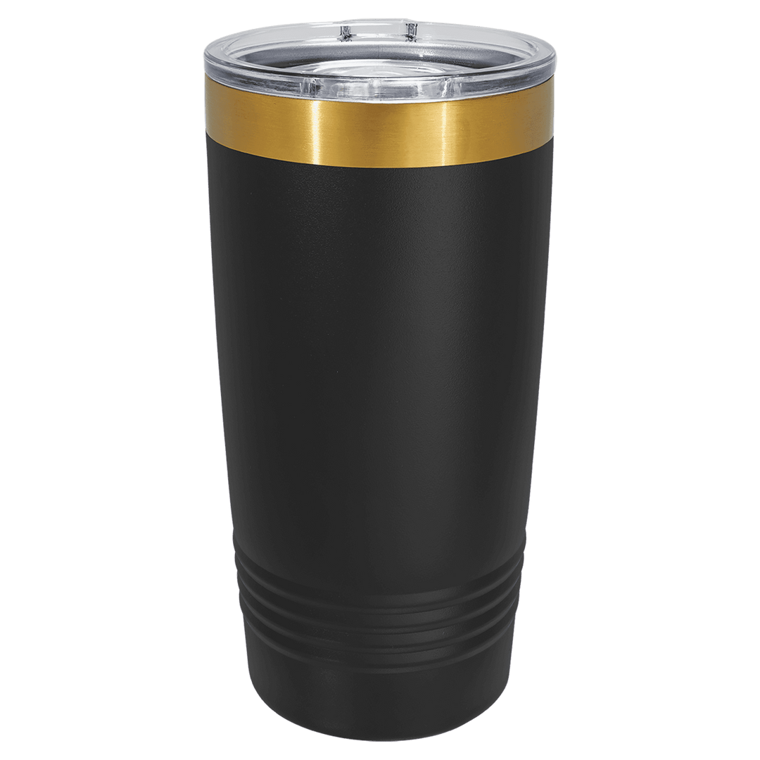 Black 20 oz tumbler with a gold rim