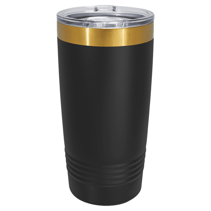 Black 20 oz tumbler with a gold rim
