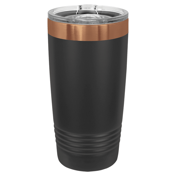 Black 20 oz tumbler with a rose gold rim