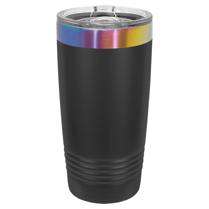 Black 20 oz tumbler with a holographic prism rim