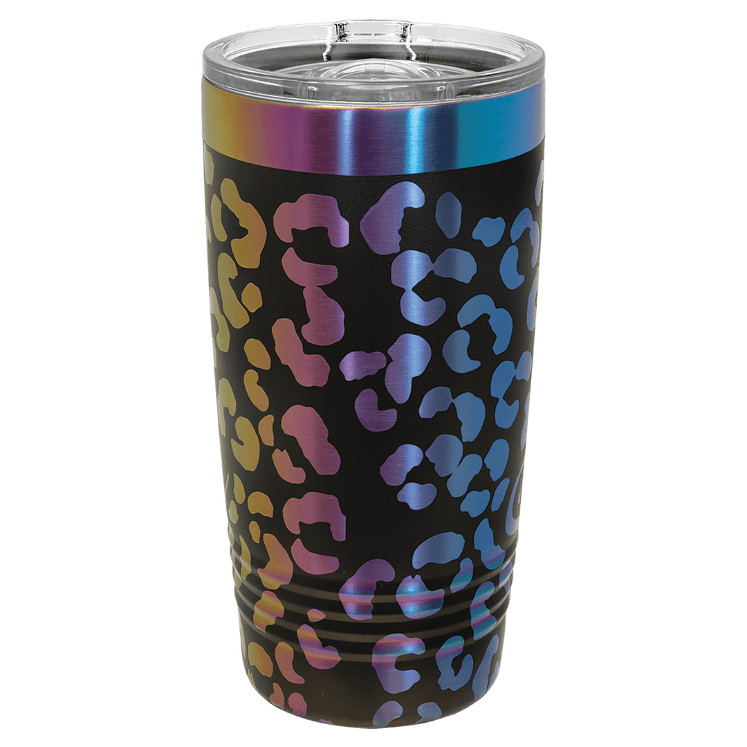 Black prism tumbler engraved with a leopard print that shows the rainbow finish