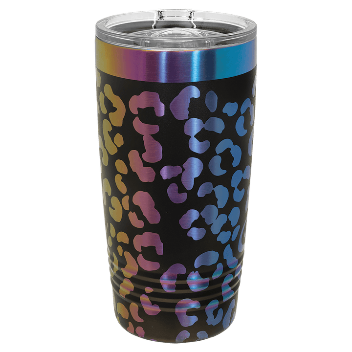 Black prism tumbler engraved with a leopard print that shows the rainbow finish