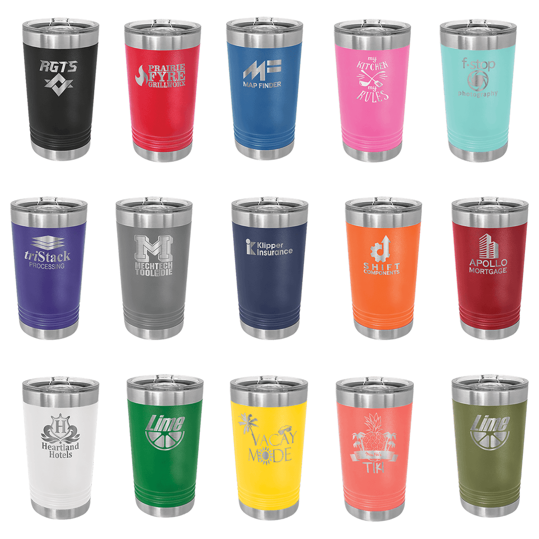 16 oz insulated pint tumblers in 15 colors, each engraved with a sample business logo