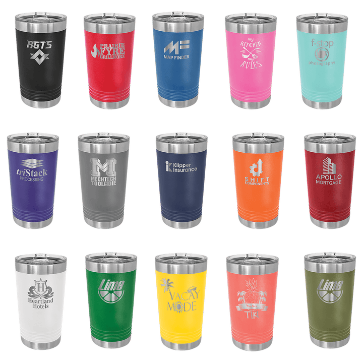 16 oz insulated pint tumblers in 15 colors, each engraved with a sample business logo